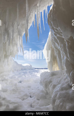 The icicles in the ice caves of Lake Michigan in winter along the edge of northern Michigan Stock Photo