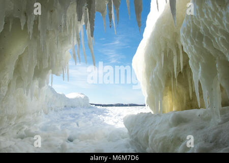 The icicles in the ice caves of Lake Michigan in winter along the edge of northern Michigan Stock Photo