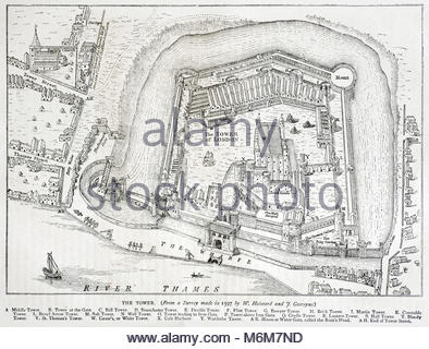 Tower of London original diagram survey plan of 1597, vintage engraving from 1876 Stock Photo