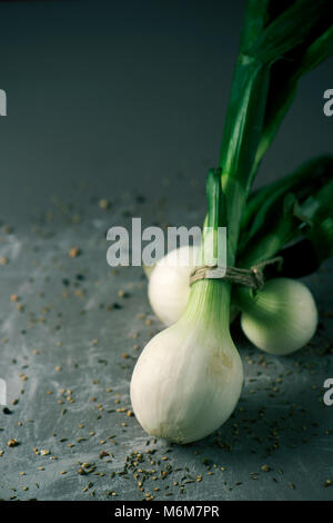 closeup of a bunch of raw spring onions on a gray rustic wooden table Stock Photo