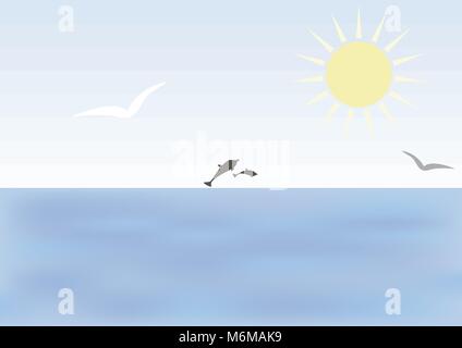 Two dolphins are swimming in the sea. Dolphins can be seen on the horizon Stock Vector
