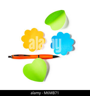 Sticky notes heart and flower shaped with pen isolated on white background. Design element. Copy space. Objects group with clipping path Stock Photo