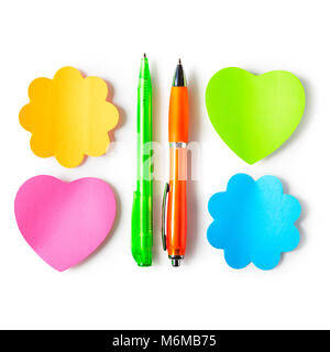 Sticky notes heart and flower shaped with two pen isolated on white background. Design element. Copy space. Objects group with clipping path Stock Photo