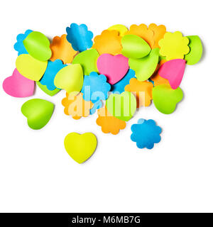 Sticky notes heart and flower shaped isolated on white background. Design element. Copy space. Objects group with clipping path Stock Photo