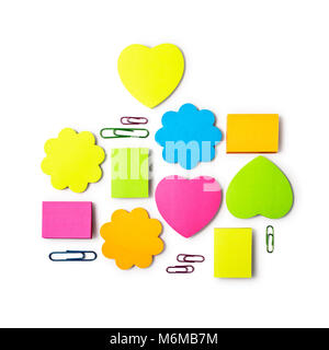 Sticky notes heart and flower shaped and office clips collection isolated on white background. Design element. Copy space. Objects group with clipping Stock Photo