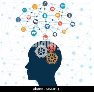 Concept of Artificial Intelligence with Gears on Human head. Networks Design Concep with Icons on background Stock Vector