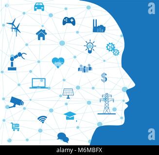 Concept of Artificial Intelligence with Icons on Human head. Networks Design Concep with Icons on background Stock Vector