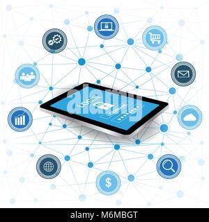 Cyber Security concept.Tablet with security protection and icons for web.Internet security. Protected computer networks Stock Vector