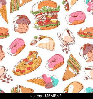 Fast food seamless pattern with street snacks Stock Vector