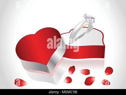 Diamond ring  petals of roses and gift box Stock Vector