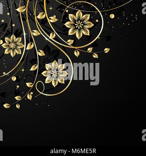 Gold flowers with shadow on dark background. Stock Vector