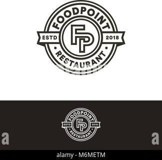 Retro vector stamp, circle logo template, black line art monogram. Fast food restaurant, cafe, bar logotype. Stock Vector