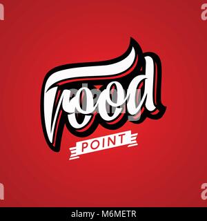 Food logo, beauty lettering, cafe map point. Restaurant of fast food, modern minimal stylized, vector illustration on red background Stock Vector