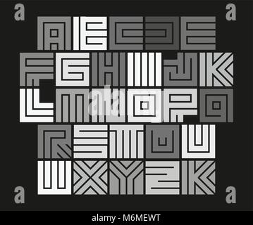 Geometric maze alphabet. Isolated unusual tile letters set, abstract vector white font on black background. Stock Vector