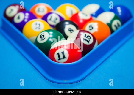 Close up on set of billiard balls in triangle Stock Photo