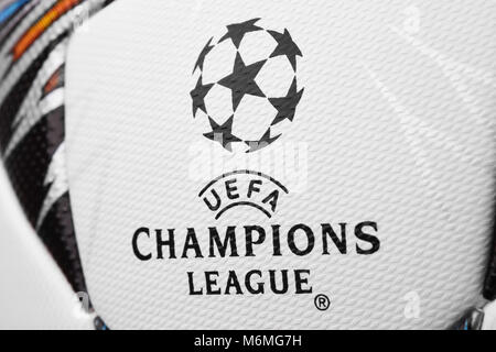 Kiev, Ukraine - February 22, 2018: Uefa Champions League official Adidas 2018 Champions League Final Soccer ball Stock Photo