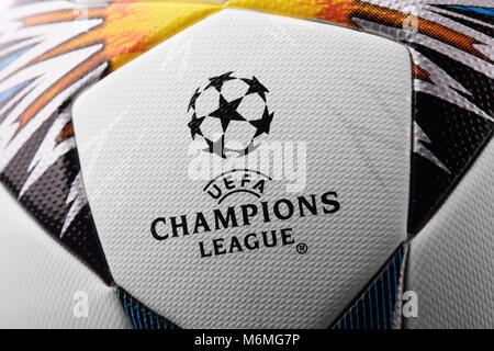 Kiev, Ukraine - February 22, 2018: Uefa Official Adidas 2018 Champions League Final Soccer ball Stock Photo
