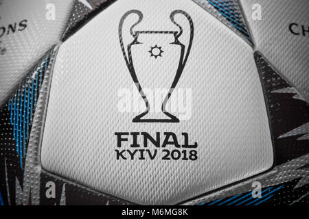 Kiev, Ukraine - February 22, 2018: Official match ball of the UEFA Final Champions League, Stock Photo
