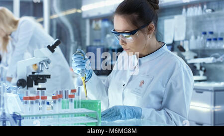 Female Research Scientist Uses Micropipette Filling Test Tubes in a Big Modern Laboratory. In the Background Scientists are Working. Stock Photo