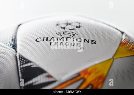 Kiev, Ukraine - February 22, 2018: Official Ball Adidas with Ukrainian symbols for the final of the Champions League Stock Photo