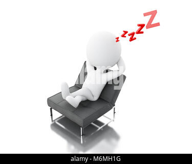 3d illustration. White people tired, sleeping on the couch with Z letters . Isolated white background. Stock Photo