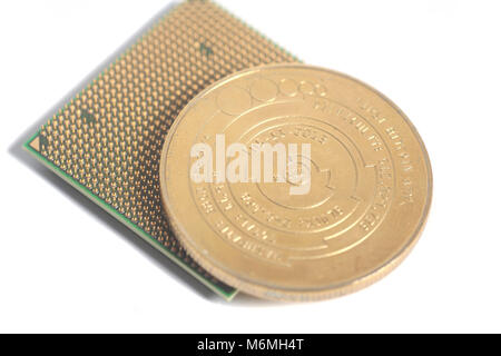 Central processing unit CPU microchip with Golden Bitcoin isolated Stock Photo