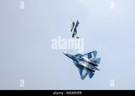 New Russian five generation's fighter SU 57 (T-50) shows demonstration flight at Moscow salon MAKS 2017. 18.07.2017, Zhukovsky, Russia. Stock Photo