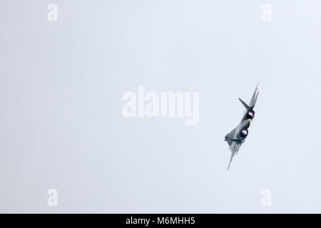 New Russian five generation's fighter SU 57 (T-50) shows demonstration flight at Moscow salon MAKS 2017. 18.07.2017, Zhukovsky, Russia. Stock Photo