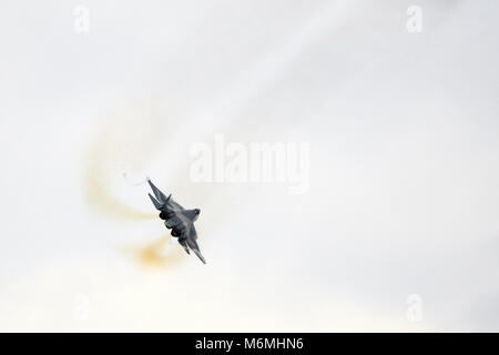 New Russian five generation's fighter SU 57 (T-50) shows demonstration flight at Moscow salon MAKS 2017. 18.07.2017, Zhukovsky, Russia. Stock Photo