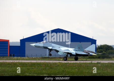 New Russian five generation's fighter SU 57 (T-50) shows demonstration flight at Moscow salon MAKS 2017. 18.07.2017, Zhukovsky, Russia. Stock Photo