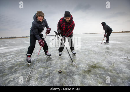 People playing ice hockey and skating on the Cambridgeshire Fens near Peterborough on Friday morning March 2nd after the flooded fields froze over in the current cold weather, its the first time in 6 years they the Fens have frozen over.  Skaters have been flocking to the frozen Cambridgeshire Fens today (Fri) after the Beast from the East gave them the rare chance to enjoy the ancient sport for the first time in SIX YEARS.  Shallow waters in the Fens have been turned into an enormous natural ice rink and it is now a skater's paradise.  Skaters Stock Photo
