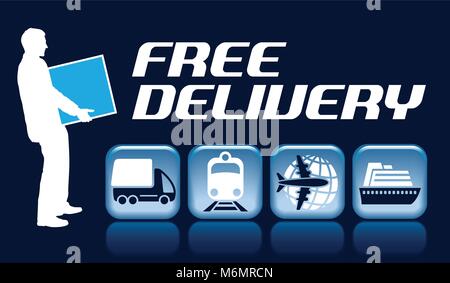 Free delivery sign. A businessman is holding a container next to transportation icons. Stock Vector