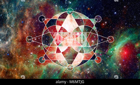 Abstract cosmos geometric background with polygons, triangles, stars and nebula. Polygonal cloudscape backdrop. Elements of this image furnished by NA Stock Photo