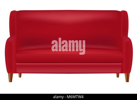 Realistic Red Sofa  Front View Isolated on White Background Vector Illustration Stock Vector