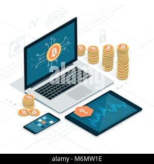 Bitcoin and cryptocurrency: laptop, tablet and smartphone with financial apps Stock Vector