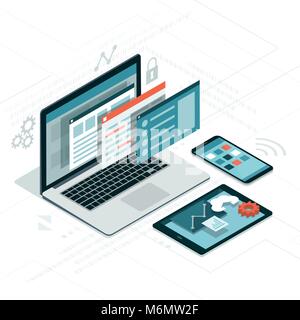 Web anf software development, coding and communication: visual interface on laptop, tablet and smartphone Stock Vector