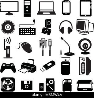 computer peripheral icon, keyboard, monitor, scanner, notebook, cam, printer, Handy Drive, earphone, cd, cpu, telephone, ipad, loudspeaker, games, UPS Stock Vector