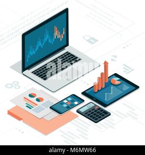 Business and finance app and software on laptop, smartphone and digital tablet Stock Vector