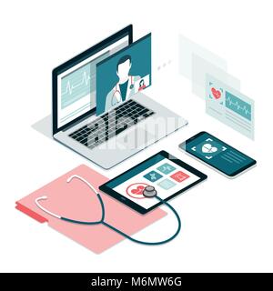 Healthcare, diagnostics and online medical consultation app on laptop, smartphone and tablet Stock Vector
