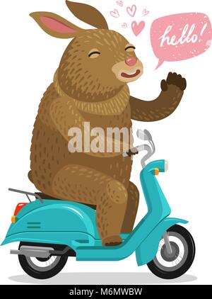 Easter Bunny riding on scooter. Cartoon vector illustration Stock Vector