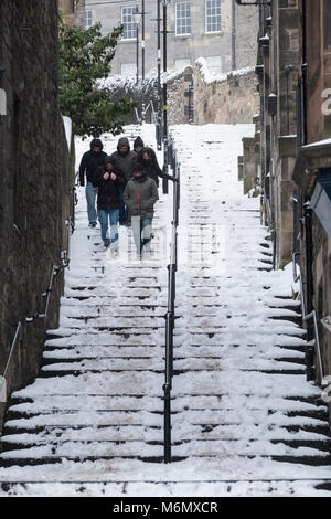 the historic Vennel steps at Grassmarket under snow in Edinburgh Old Town, Scotland, United Kingdom Stock Photo