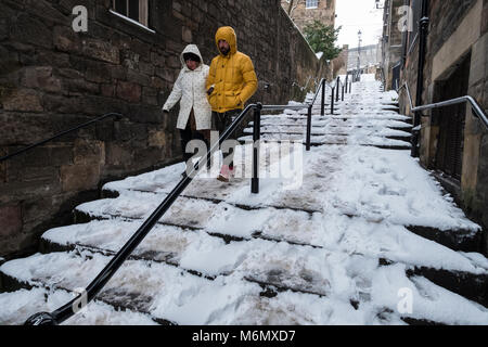 the historic Vennel steps at Grassmarket under snow in Edinburgh Old Town, Scotland, United Kingdom Stock Photo