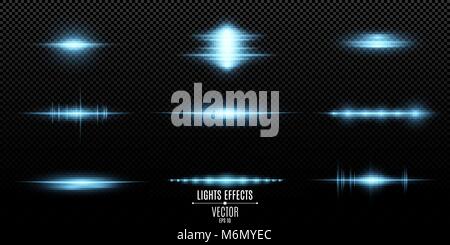 Blue light effects on a transparent background. Bright flashes and glares of blue color. Bright rays of light. Light vibration from sound. Glowing lin Stock Vector