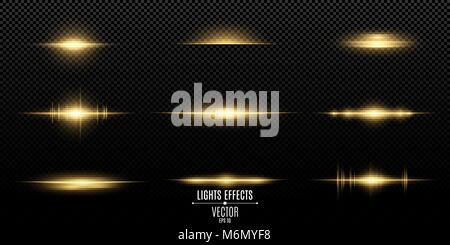 Gold light effects on a transparent background. Bright flashes and glares of golden color. Bright rays of light. Light vibration from sound. Glowing l Stock Vector