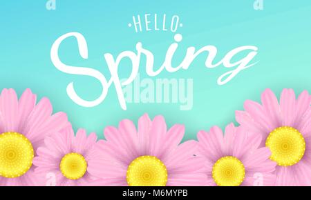 Hello spring phrase. Seasonal background. Pink camomiles flowers on a blue background. Vector illustration. EPS 10 Stock Vector