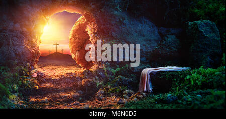 Crucifixion At Sunrise - Empty Tomb With Shroud - Resurrection Of Jesus Christ Stock Photo