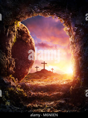 Empty Tomb - Crucifixion And Resurrection Of Jesus Christ Stock Photo