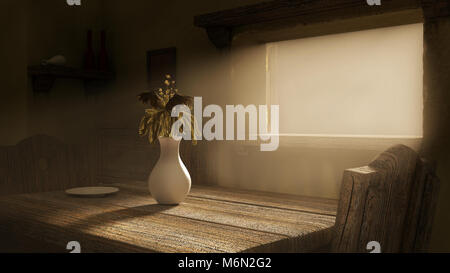 Empty room with dry withered flower on the table. Mystic sunlight through the open window. 3D render illustration. Stock Photo