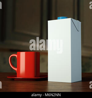 Presentation 3d mockup blank template tetra pak package for juice drinks milk on a wooden table with a red mug. Stock Photo