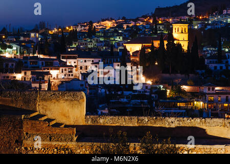 Granada, Andalusia, Spain. Illuminated night view of the Unesco listed Albaicin district as seen from the Alhambra citadel. Stock Photo